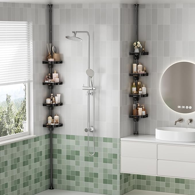 Tension Pole Shower Caddy Organizer with4 Tier L-Shaped Rust Resistant Bathroom Corner Shelves with 34-124 Inch Adjustable No