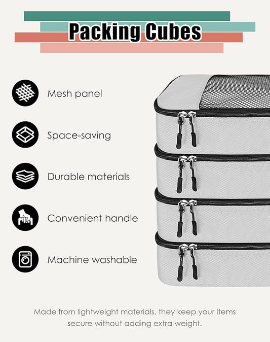 WTREE 4-Piece Packing Cubes Travel Accessories Set for Suitcases - Luggage Organizer Bags with Double Zipper - Mesh Top - Large - Beige