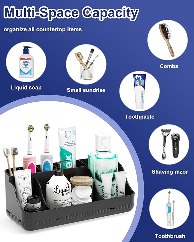 Bathroom Counter Organizer and Storage, 7 Slots Detachable Toothbrush Holders for Bathrooms, Anti-Slip Electric Toothbrush an