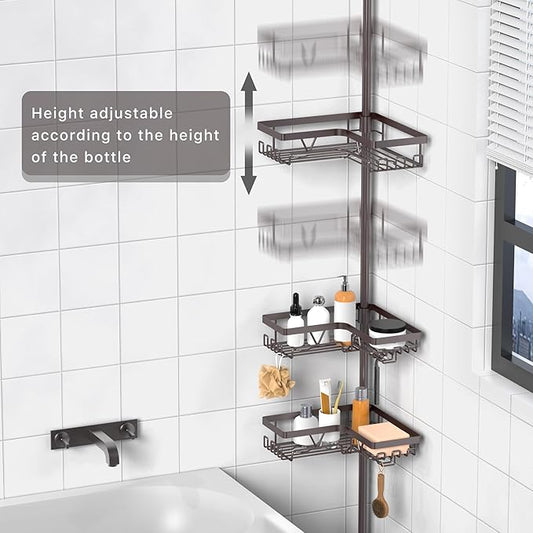 KEGII 4-Tier Corner Shower Caddy Tension Pole - Waterproof Shower Rod Organizer, Floor to Ceiling Tension Rod 25-114.2 inch,
