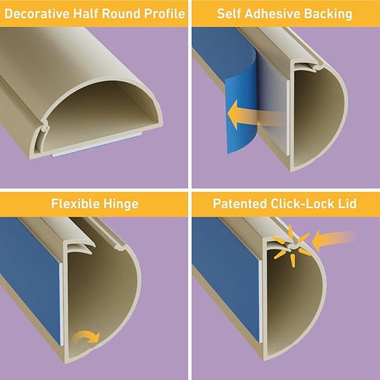 D-Line Half Round Cord Hider, Patented Cable Cover, Hide TV Wall Mount Wires, Raceway for Cords, Decorative Wire Covers, Paintable, Adhesive Cable Concealer, 2X 2in W x 1in H x 39in L, Beige
