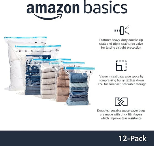 Amazon Basics Vacuum Storage Bags with Hand Pump for Travel, Space Saving Compression Bags for Clothes and Blankets, Clear, 1