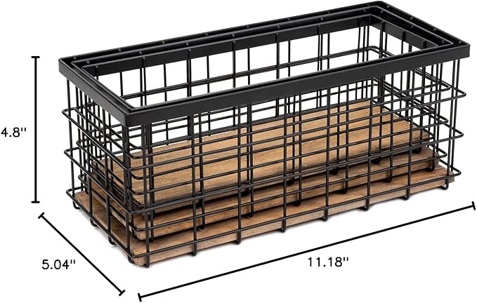 TIEYIPIN Farmhouse Decor Metal Wire Storage Baskets, Wood Base Containers Organizing Basket Caddy Bin for Kitchen Cabinets, B