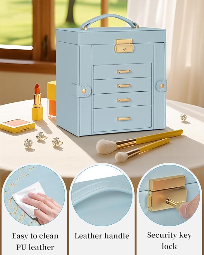 TORIBIO Jewelry Box for Women, Leather Jewelry Organizer with Mirror & Lock, 5-Tier Jewelry Storage Organizer with 4 Drawers
