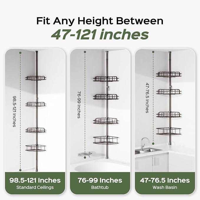 HAMITOR Shower Caddy Tension Pole: 4-Tier Rustproof Bathroom Corner Shelf Organizer for Renters - No Drill Large Shampoo Stor