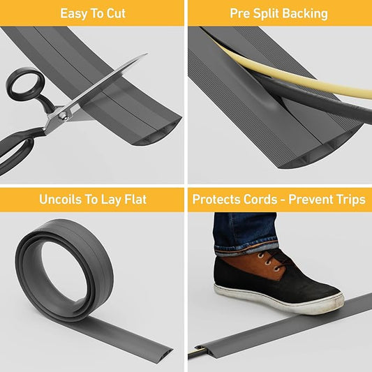 D-Line 6ft Floor Cord Cover, Cable Channel, Protect Cords, Prevent Trips - 0.63" W x 0.31" H - Gray