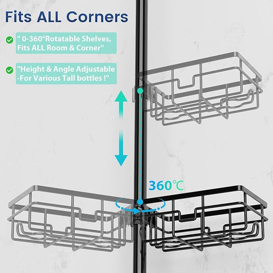 Corner Shower Caddy Organizer Tension Pole, Adjustable 6 Shower Shelves Corner Shelf 30-120Inch Rustproof Shower Rack for Ins