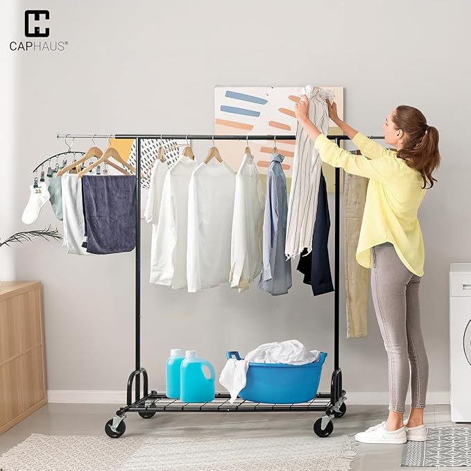 CAPHAUS Heavy Duty Clothes Rack, 440LBS Capacity Rolling Clothing Rack for Hanging Clothes, Adjustable Metal Wardrobe Rack, P