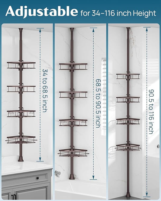 SEIRIONE Rustproof Shower Corner Caddy Organizer for Bathroom,Tension Pole with 4 Baskets, for Bathtub Storage Rack, 34 to 11