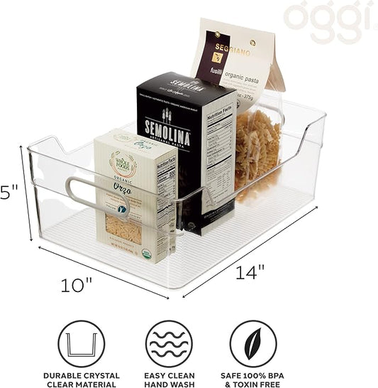 Oggi Cabinet/Drawer High Wall Storage Bin - 14" x 10", Clear/Gray, Ideal for Kitchen Organization, Pantry Storage, Fridge Org
