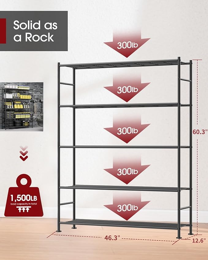 Sakugi Storage Shelves - 5 Tier Shelf Organizer, Heavy Duty Garage Shelving Unit with Leveling Feet, Stable Metal Shelves Org