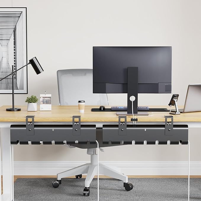 2 Pack No-Drill Under Desk Cable Management Tray 33.8 inch Large Wire Cord Organizers, Cable Management Under Desk for Home and Office No Damage Black