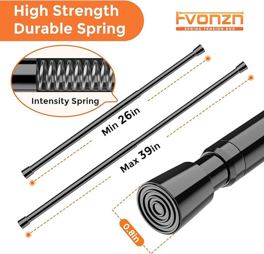 FVONZON Tension Curtain Rod Black Spring Tension Curtain Rods 26-39 inch 2Pack Adjustable Spring Rods Extendable Tension Rod