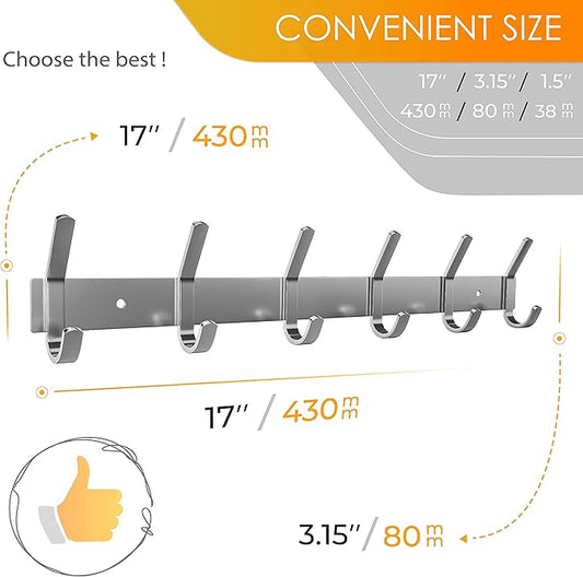 Coat Rack Wall Mount – Brushed Nickel 17 Inch Stainless Steel Hook Rail with 6 Heavy Duty Double Coat Hooks – Wall Mounted Co