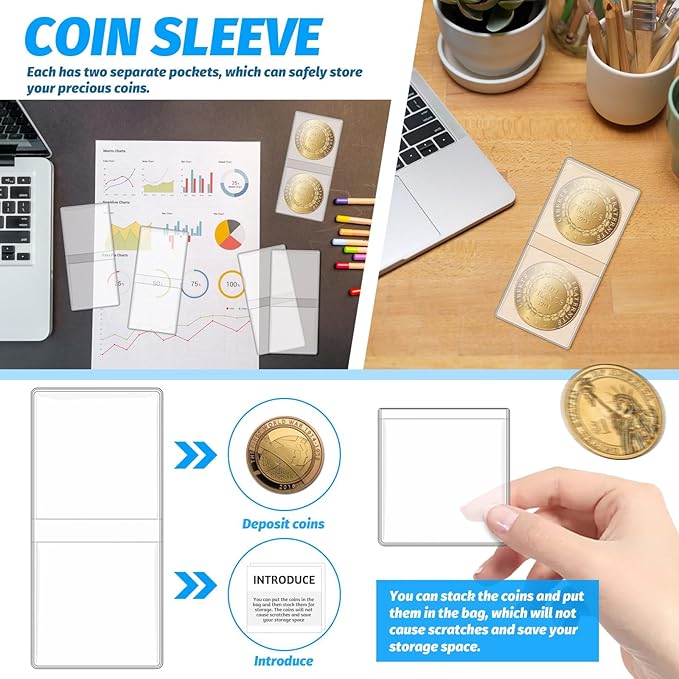Vmiapxo 200 Pack Double Pocket Coin Flips, 2x2 Inch Clear Plastic Coin Sleeves for All Coins, Jewelry, Rings Earrings Gemstones Collection Supplies & Protectors (Double Rectangular)
