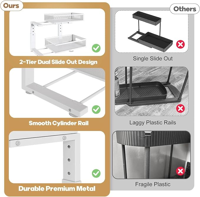 Under Sink Organizer, 2-Tier Dual Pull Out Cabinet Organizer Drawers With Smooth Circular Rail, Large Capacity Metal Mesh Sli