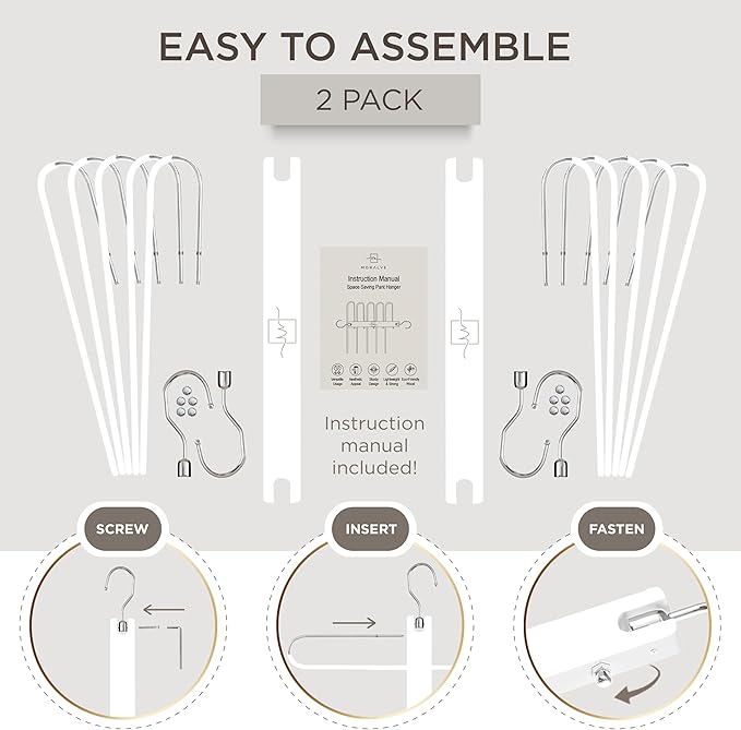 MORALVE Pants Hangers Space Saving - 2 Pack European Beechwood Scarf and Jean Hangers - Closet Organizer and Space Saver Pant