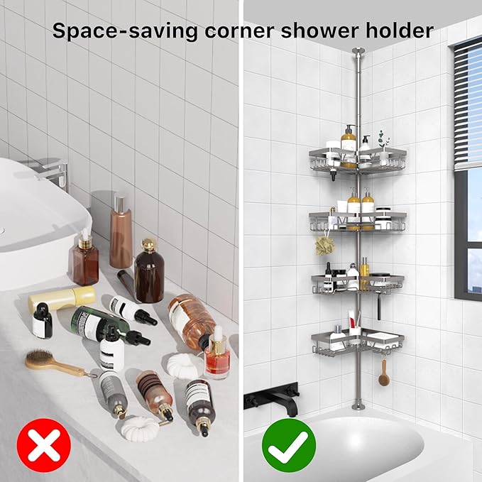 KEGII Corner Shower Caddy Tension Pole with Soap Dish & Razor Holder, Adjustable Bathroom Organizer with Hooks, 25-114.2 Inch
