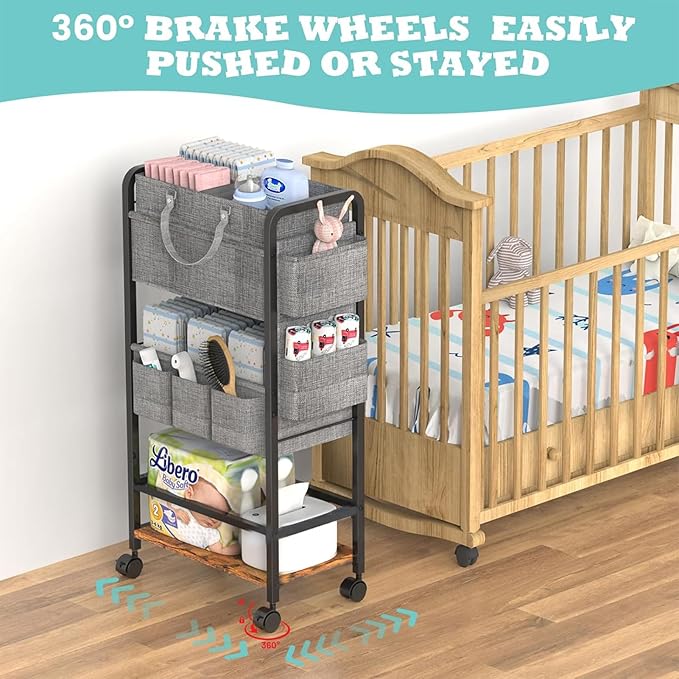 LIDTOP 2In1 Baby Diaper Caddy & 4-Tier Rolling Diaper Cart, Diaper Caddy Organizer Cart with Dividers & Drawer, Mobile Metal