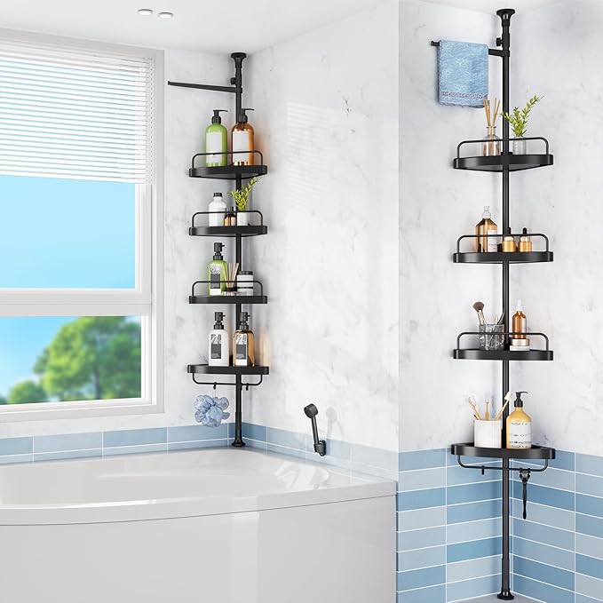 HAMITOR Corner Shower Caddy Tension Pole: 4 Tier Shampoo Storage Organizer for Inside Shower - Telescoping Rod Shower Rack fo