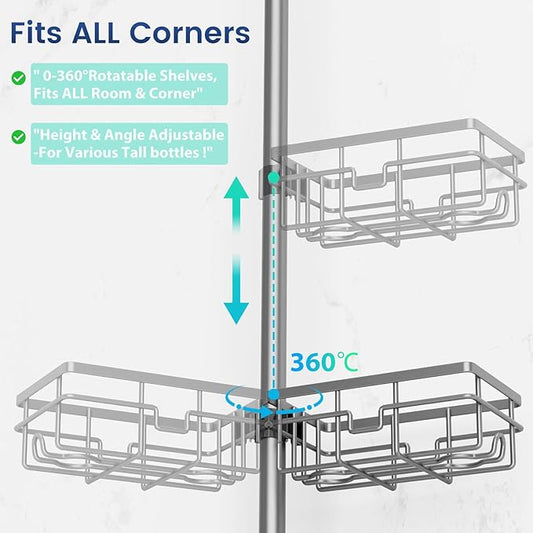 Corner Shower Caddy Organizer Tension Pole, Adjustable 6 Shower Shelves Corner Shelf 30-120Inch Rustproof Shower Rack for Ins
