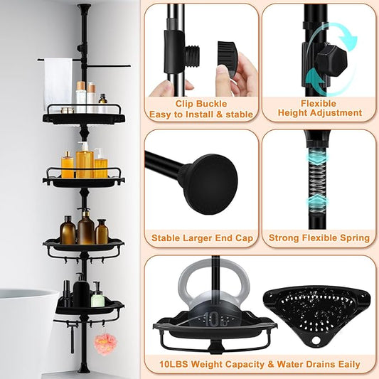 Rustproof Shower Caddy Tension Pole Corner Shower Caddy Organizer 4 Tier Adjustable Shelves with Tension Pole and Large Capac
