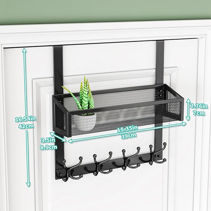 HapiRm Over The Door Hooks - Easy Installation Door Hanger with Basket and 16 Hooks, 304 Stainless Steel Storage Organizer fo