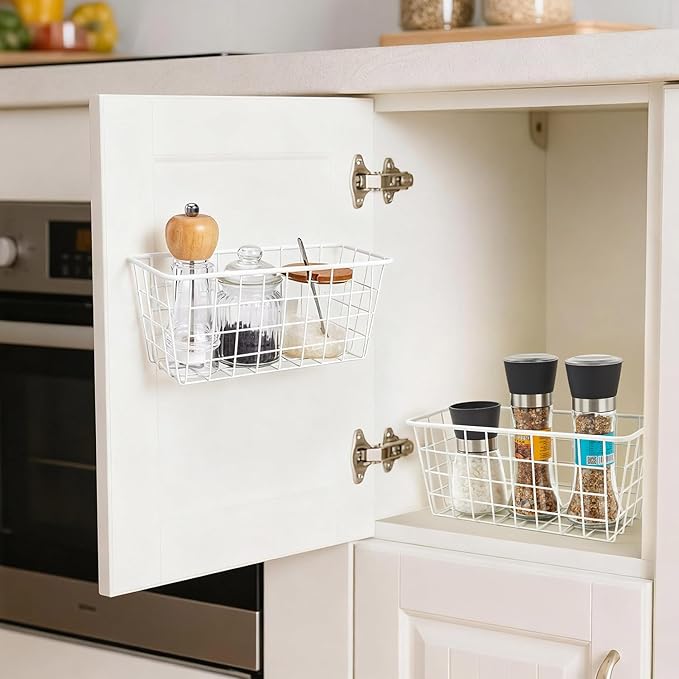 2 Set LeleCAT Hanging Wall Basket Organizer Over the Cabinet Door Adhesive Wire Baskets for Organizing Kitchen Food Pantry Ba