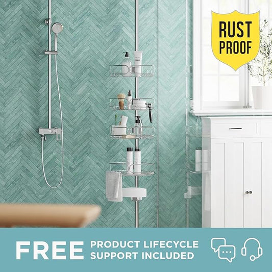 Zenna Home Tension Pole Shower Caddy Corner Organizer, Adjustable Standing Shower Caddy with 4 Shelves, Rustproof Bathroom Te