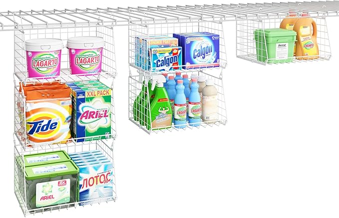 3-Tier Hanging Laundry Basket Organizer:Foldable Wire Shelf Laundry Room Organizer with 360°Rotating Hooks Small Space Soluti