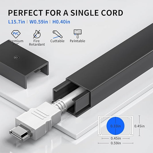 142in Black Cord Hider, Delamu Black Cord Covers for Wires on Wall, One-Cord Cable Hider, Wire Hider Wire Covers for Cords on Wall, Easy Set up Cable Cover Raceway, L15.7 W0.59 H0.4in