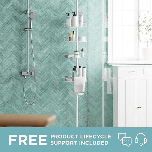 Zenna Home Tension Pole Shower Caddy Corner Organizer, Adjustable Standing Shower Caddy with 4 Baskets and Built in Towel Bar