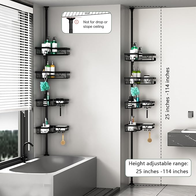 Corner Shower Caddy Tension Pole - 4 Tier Stainless Steel Rustproof Shower Corner Caddy for Bathtub Bathroom Shower Organizer