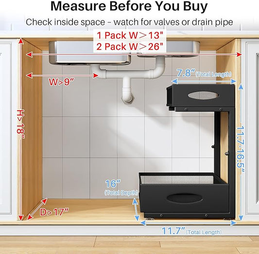 Under Sink Organizer, 2 Tier Pull Out Under Cabinet Organizer Shelf with Pad for Framed Cabinets, Metal Slide Out Under Sink