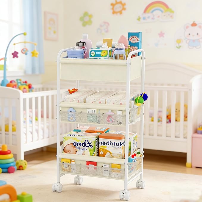3-Tier Baby Diaper Caddy Cart Organizer,Mobile Nursery Storage Carts with Wheels,With 2 Dividers&14 Mesh Pockets Durable Meta