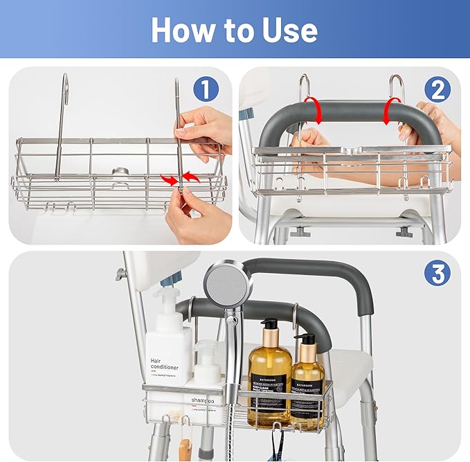 YUOROS Shower Caddy Hanging, 304 Stainless Steel Shower Organizer Rack for Shower Chair Bench for Elderly Seniors Disabled Ha