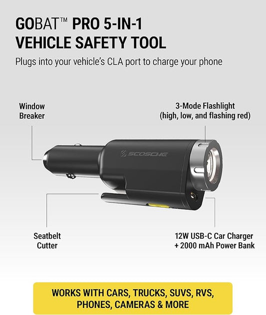 Scosche PB5N1 GoBat Pro 5-in-1 Vehicle Safety Kit, Emergency Car Escape Tool with Seatbelt Cutter, Glass Window Breaker, LED