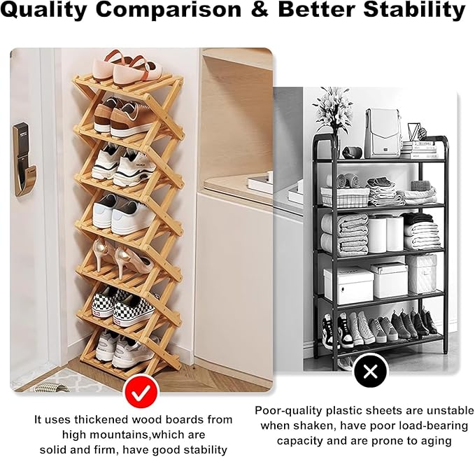 YYW Bamboo Shoe Rack for Entryway, Free Free Standing Shoe Racks Shelf Closet, Foldable Vertical Shoe Storage Organizer for L