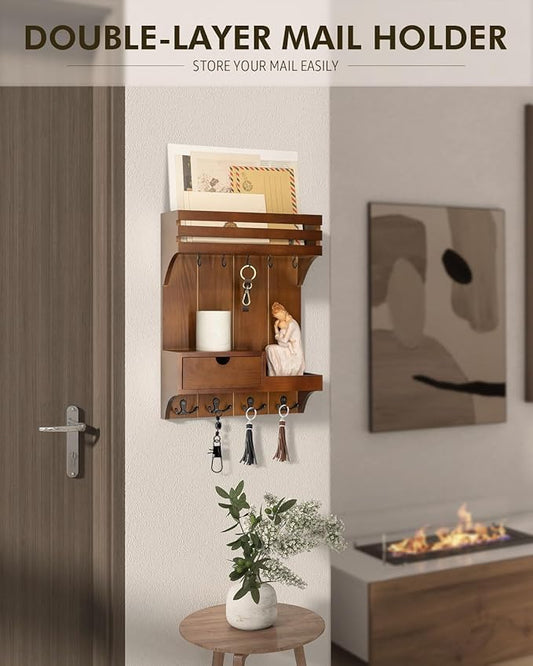 Rebee Vision Farmhouse Key Holder Wall Mount – Decorative Mail Organizer with 9 Key Hooks and Mini Drawer Organizer – Rustic