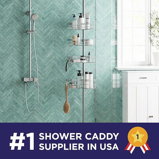 Zenna Home Tension Pole Shower Caddy Corner Organizer, Adjustable Standing Shower Caddy with 4 L-shaped Baskets and Hooks, Ru