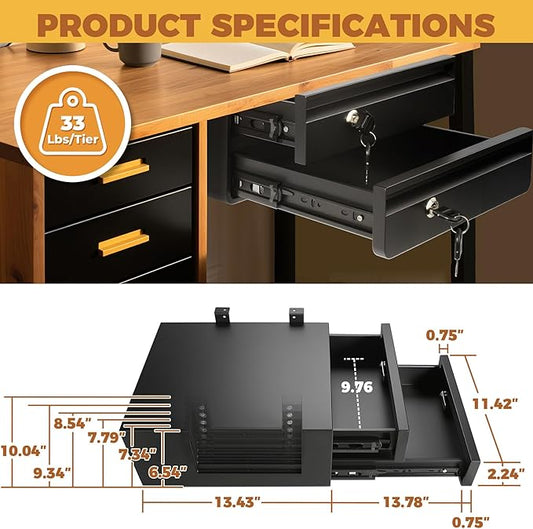 14.17" D Double Under Desk Drawer,Under Desk Pull out Storage Organizer with Lock and Keys,Adjustable Height, Metal Storage D