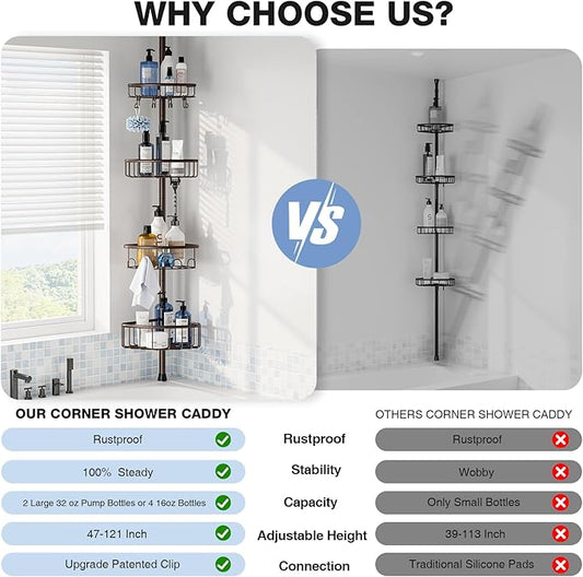 Corner Shower Caddy Tension Pole: Stainless Steel Rustproof 4-Tier Shower Organizer - 47-121 inch Adjustable Bathroom Shelves