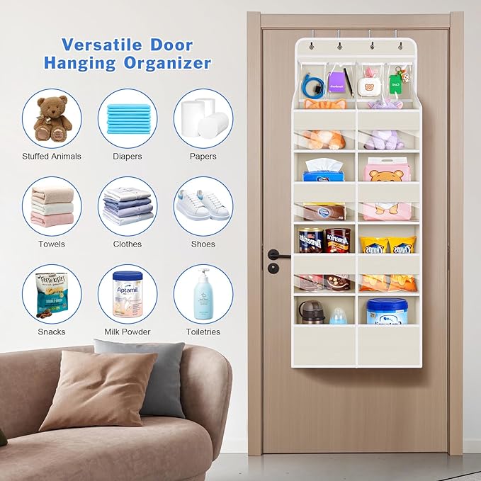 Univivi 5-Shelf Fabric Baby Door Storage Over Door Hanging Organizer with 8 Deep Pockets and 4 Small PVC Pockets Wall Mount H