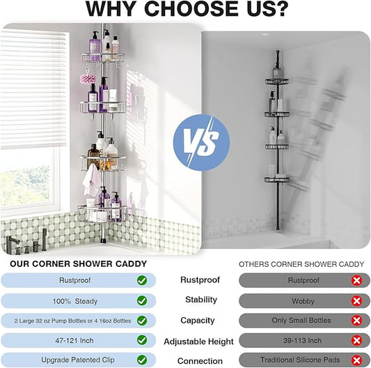 Corner Shower Caddy Tension Pole: Stainless Steel Rustproof 4-Tier Shower Organizer - 47-121 inch Adjustable Bathroom Shelves