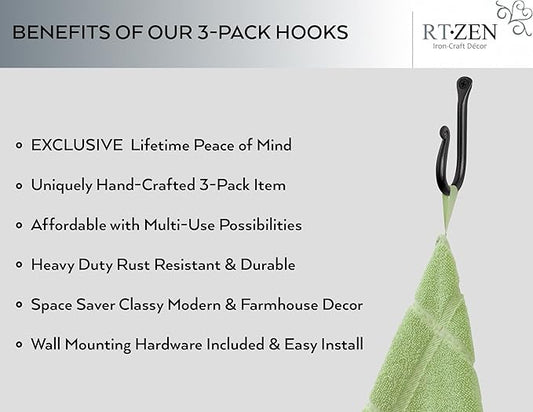 RTZEN Wall Mount Hook Set - Wrought Iron Decorative Rustic Metal Coat Hooks for Hanging - Handcrafted Classic Farmhouse Wall