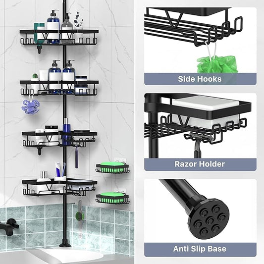 Tension Pole Shower Caddy Corner with 2 Soap Holders, 4 Tier Bathroom Shower Organizer Floor to Ceiling 25-114 inch, Adjustab