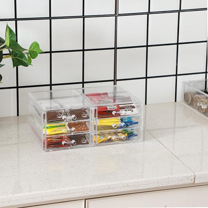 Cq acrylic 1 Pack Clear Acrylic Drawer Organizer Countertop,Stackable 6 Drawers Makeup Storage,Cute Cube Make Up Organizer fo