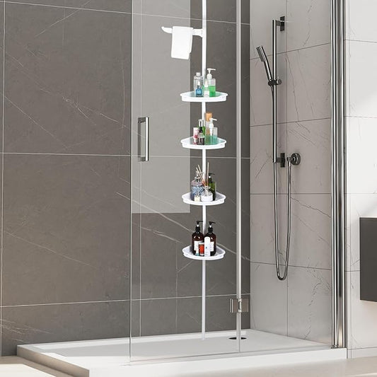 Space-Saving Corner Shower Organizer, Rust-Resistant Tension Pole with 4 Adjustable Shelves (102"-122" Height), No Tools Need