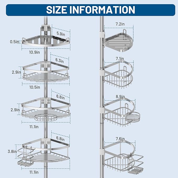 Corner Shower Caddy Tension Pole, 4 Tier Adjustable No Drill Rustproof Large Capacity Space-Saving Shower Shelves Organizer S