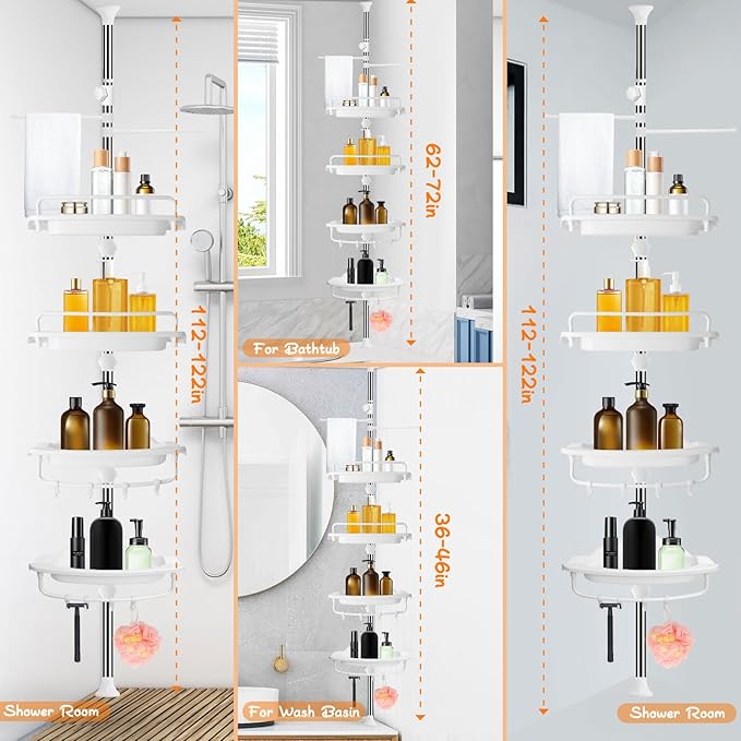 Upgrade Sturdy Shower Caddy Tension Pole Corner Shower Caddy Bathroom Organizer 18/8 Stainless Steel Rustproof 4 Tier Adjusta